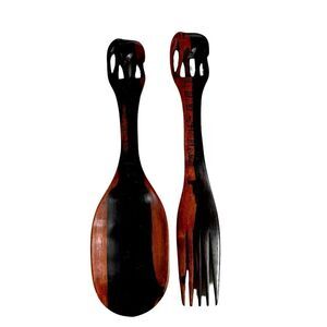 Hakuna Matata Hand Carved Wooden 12 Inch Salad Set